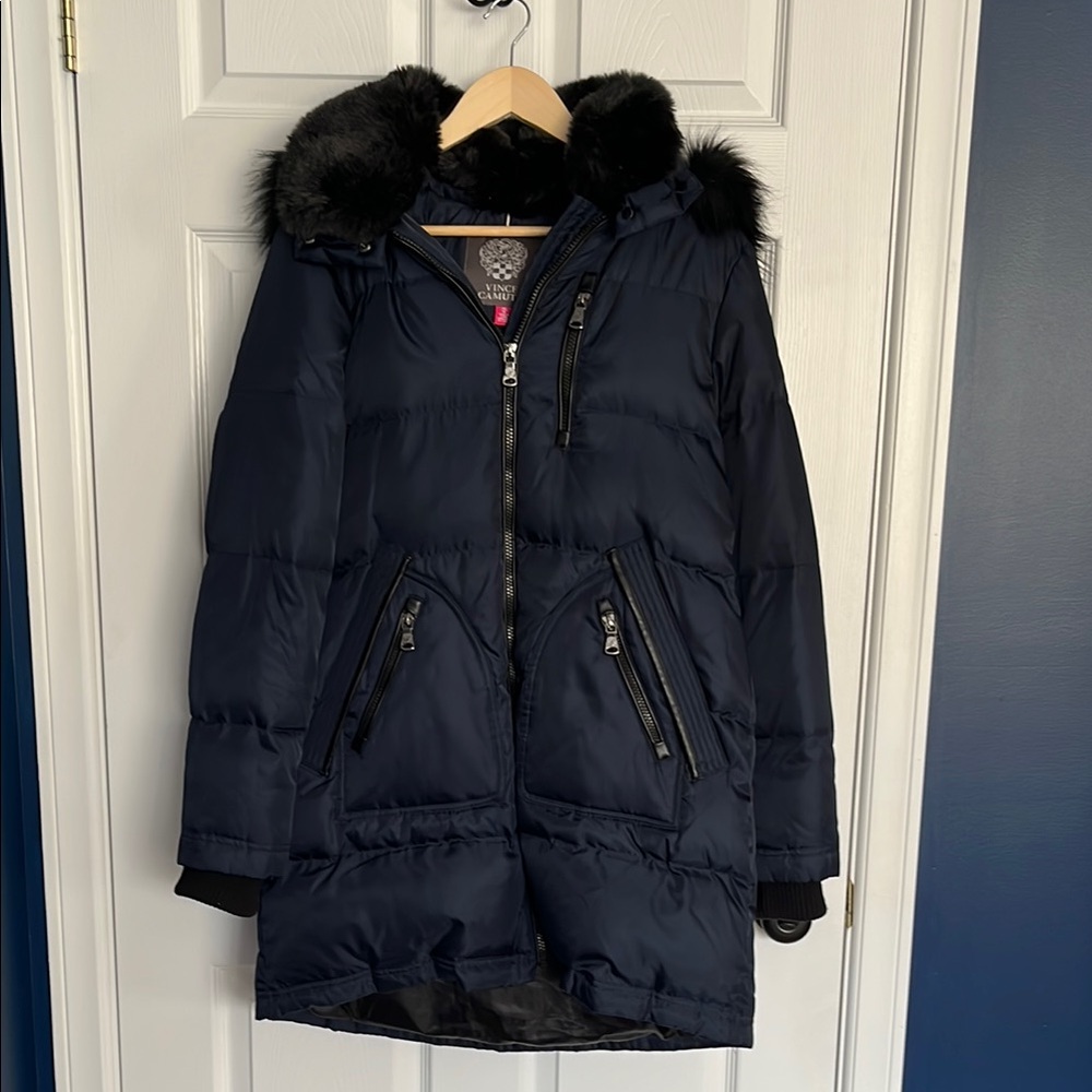 Navy Puffer Coat with Fur Trim